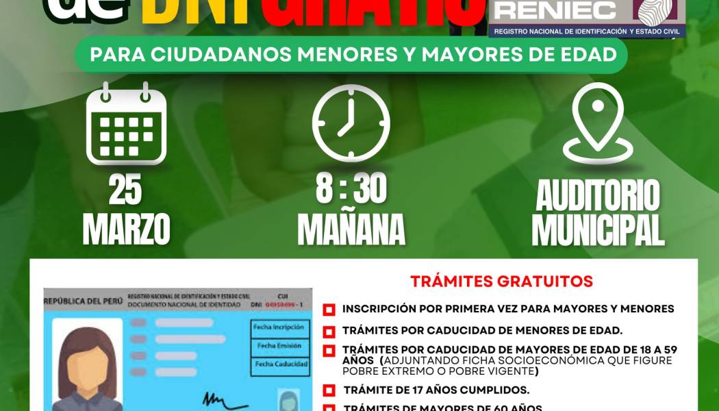 Oficina de Registro Civil y RENIEC Chota: Campaña de DNI gratuito
